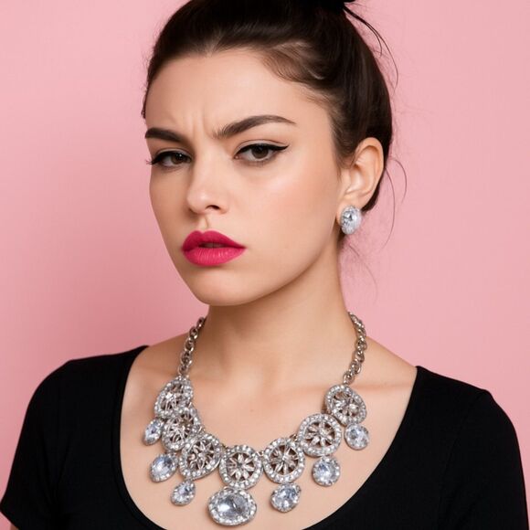 Chunky Statement Necklace & Earrings Set – Silver Tone, Clear Crystal Rhinestone - Picture 1 of 6